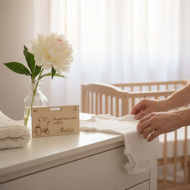 Carte cadeau enveloppe surprise annonce grossesse Biberon, en bois gravé