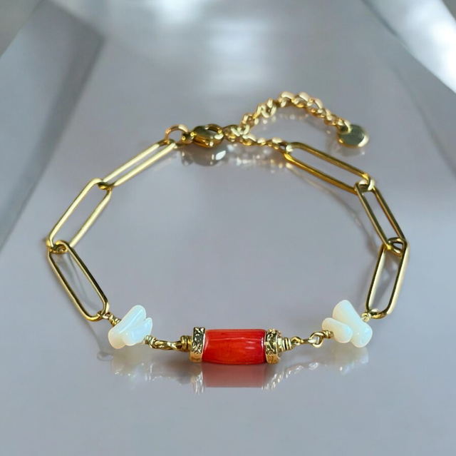 Bracelet doré maille trombone et Bambou de Mer