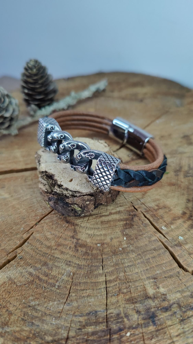 Bracelet homme cuir tressé bi teintes et dain modèle chaine