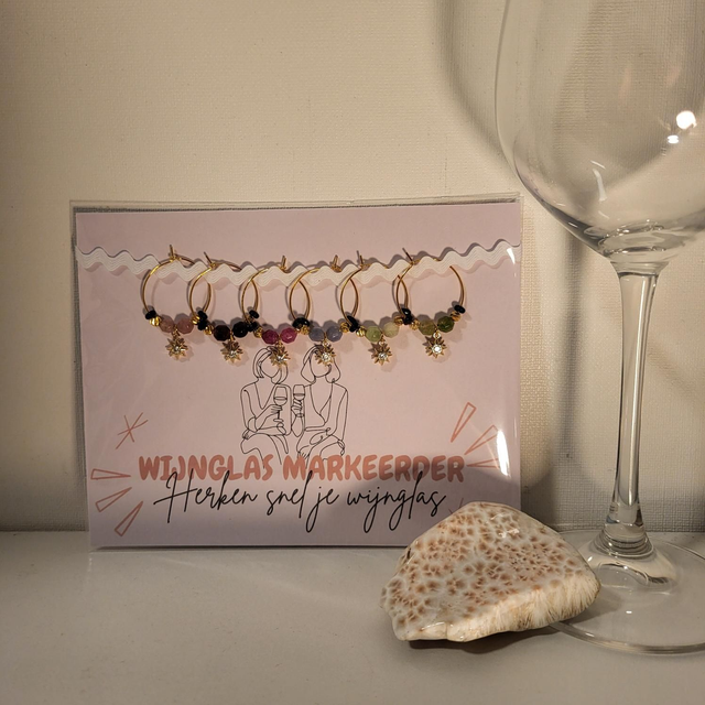 Wijnglas Markeerders (set van 6) met Onyx, Watermeloen Toermalijn en Sterbedel met Zirkonia (13.008)