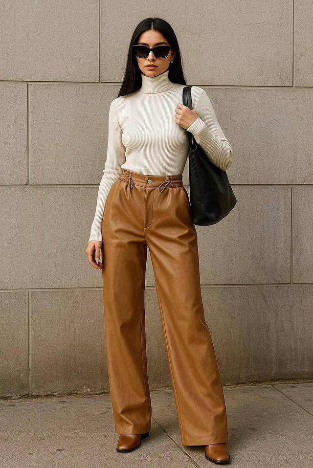 High-Waisted PU Leather Wide-Leg Trousers