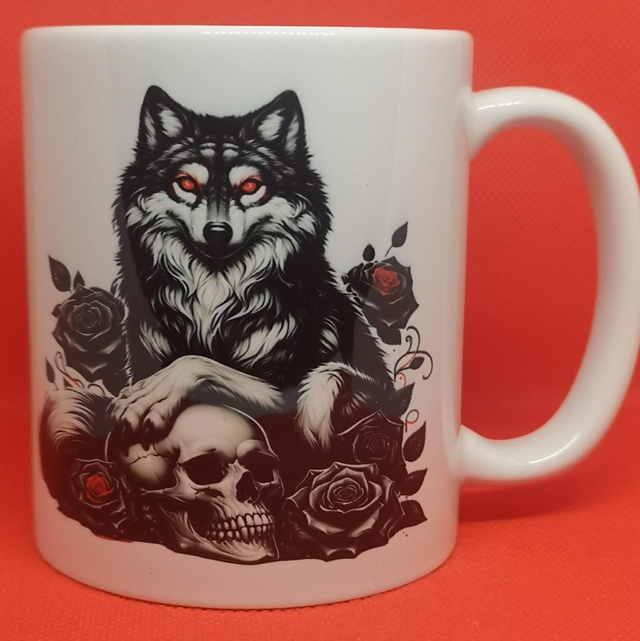 Custom Designed &amp; Printed Wolf with Roses and skulls 11oz Boxed Mug. 