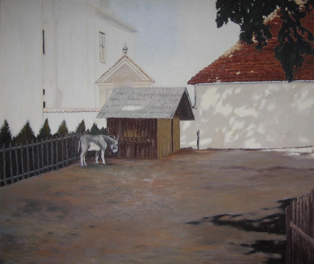Zagroda z osiołkiem na Dewajtis, 100x120 olej płótno 2005-2007