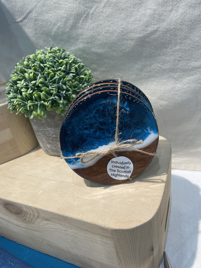Ocean Themed Acacia Wood Coasters (Deep Turquoise) Set of 4