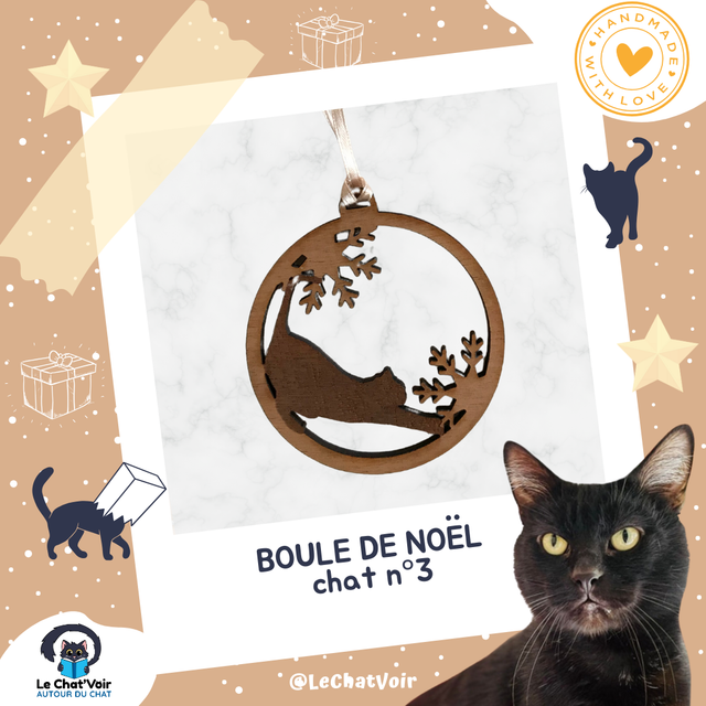Boule de Noël, chat n°3 (bois naturel)