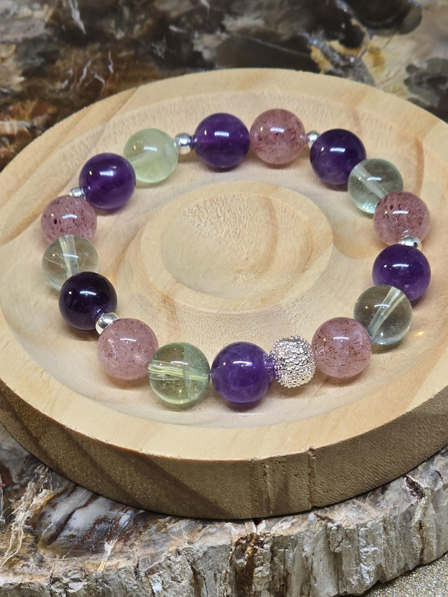 Bracelet Quartz fraise, Fluorite, Améthyste en 1 cm 
