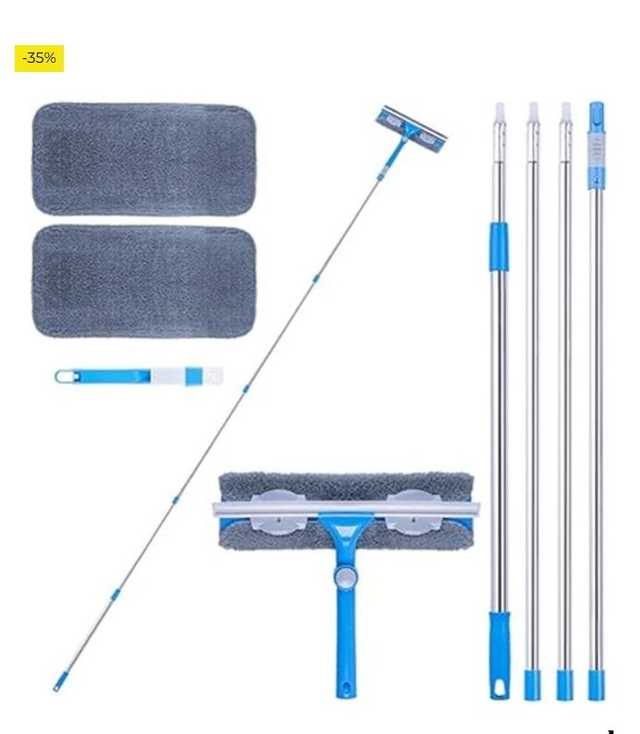   Limpiacristales 3 en 1 de Extensible, Largo con Palo Telescópico, Cabezal(31cm) Giratorio de 180°