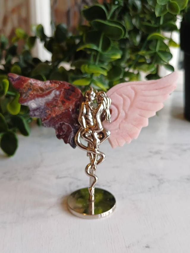 Mexican Agate &amp; Pink Opal Angel and Demon Lover Wings on Stand