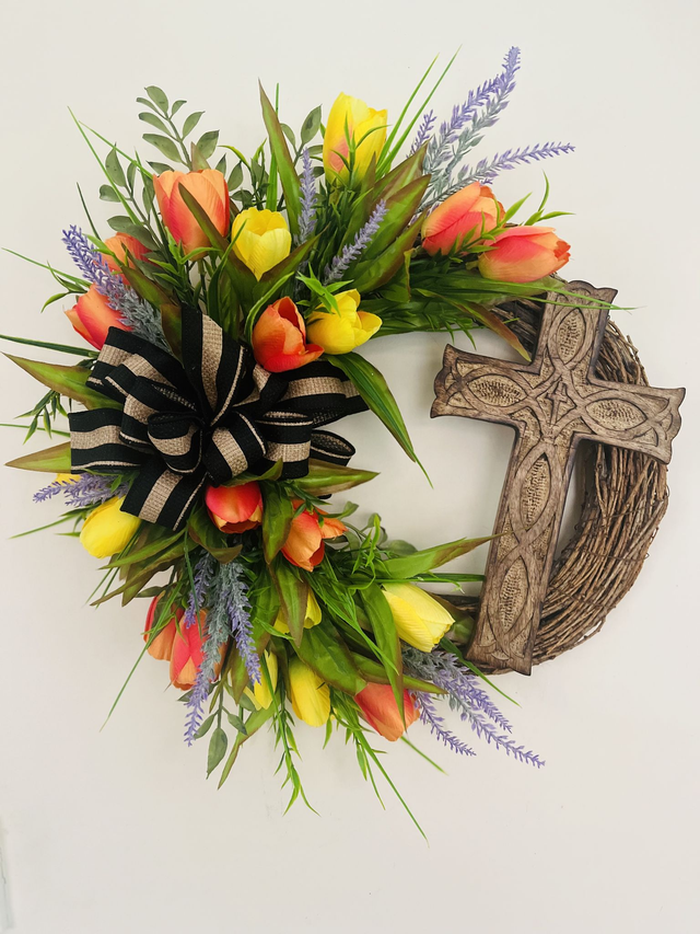 Tulip, lavender and cross wreath