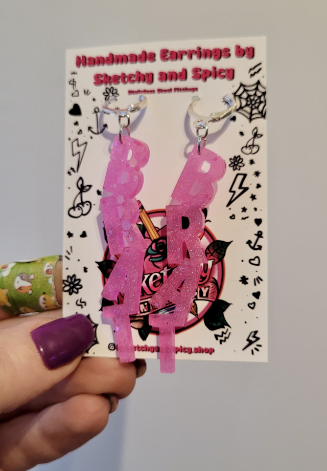 Earrings | Pink Glitter BRAT Earrings | Stainless Steel Lever Back Hoops