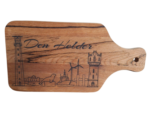 Acaciahouten borrelplank “Skyline van Den Helder” – 27x14 cm