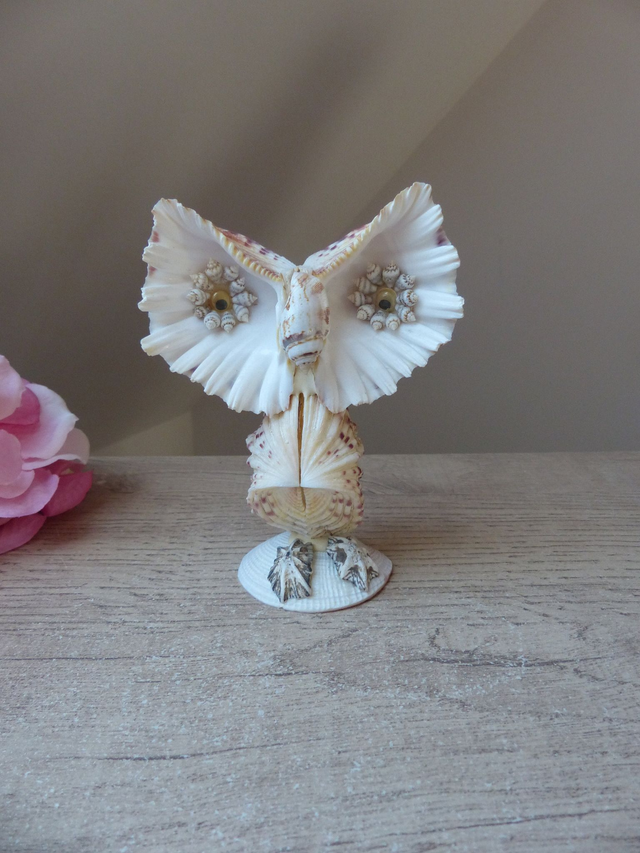 Statuette Chouette Hibou Vintage Coquillages Souvenir de Vacances, Sculpture Hibou en Coquillages, Artisanat d'Art Français, Home décor