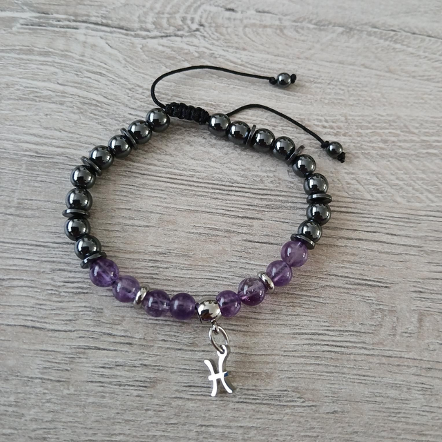 Sterrenbeeld armband Vissen - Amethist &amp; Hematiet - verstelbaar (7.020)