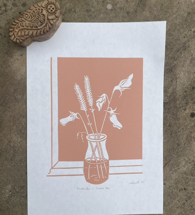 Lavender and Sweet Pea, Lino print in peach.