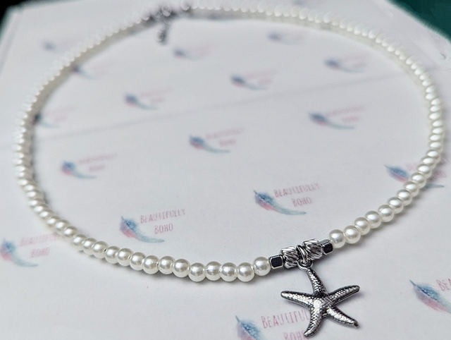 Faux Pearl & Stainless Steel Beaded Collar Necklace With Starfish Charm