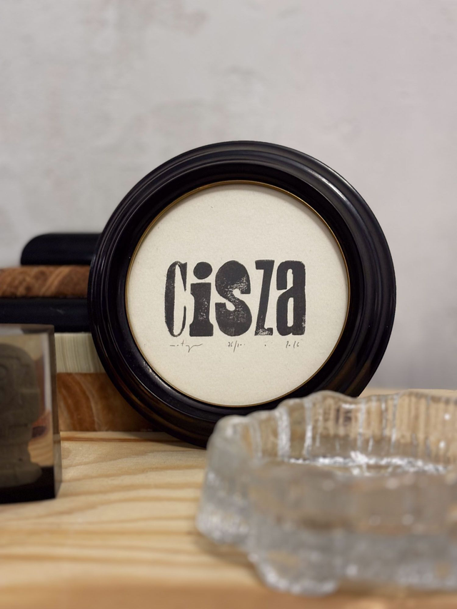 Cisza 96/100 - linoryt w okrągłej ramie vintage