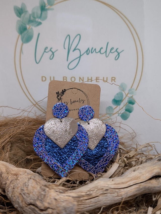 Boucles d&#039;oreilles Double coeur bleu dc044