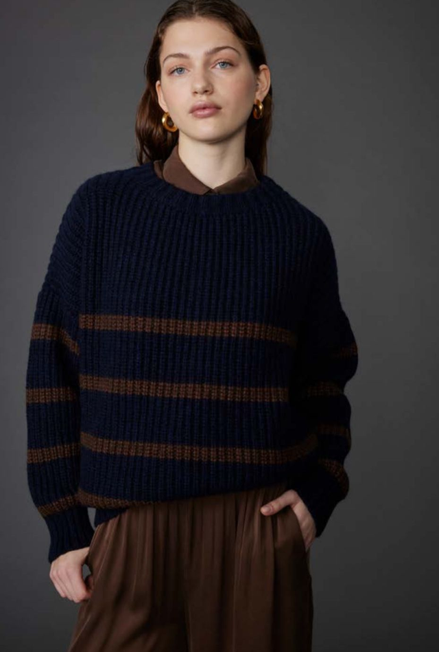 Navy/Choc Stripe Merino Blend Slouchy Sweater