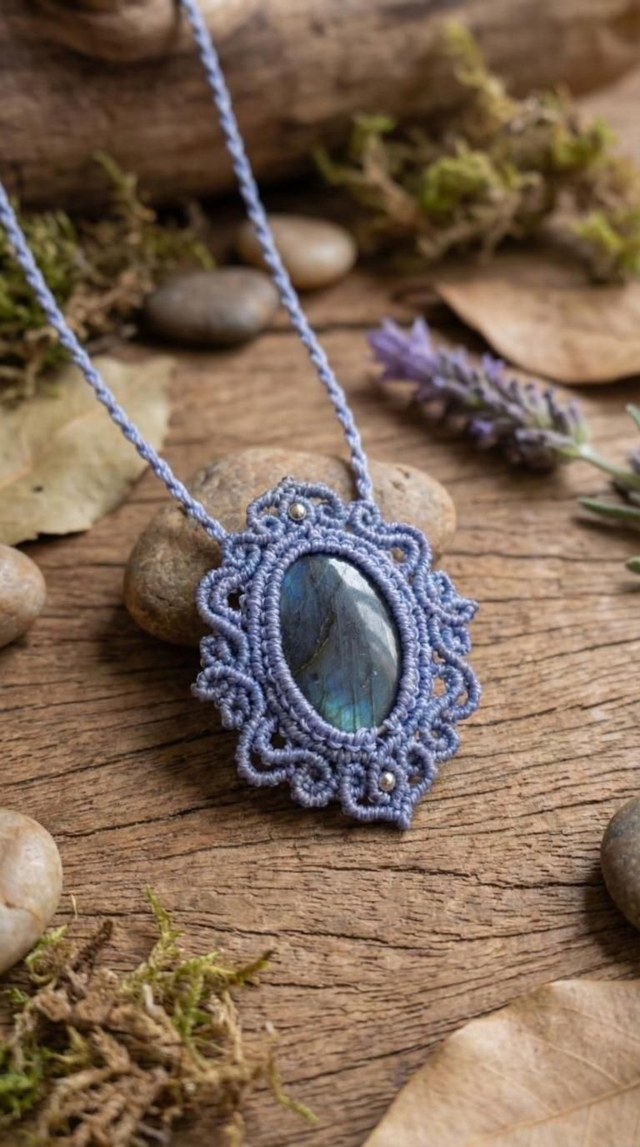 Colar em macramê lilás com labradorita