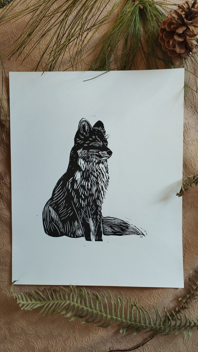 Illustration Renard assis en linogravure, couleur noire