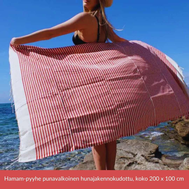 Hunajakennokudottu Hamam-pyyhe – valkoinen / punaraitainen 200 x 100 cm 