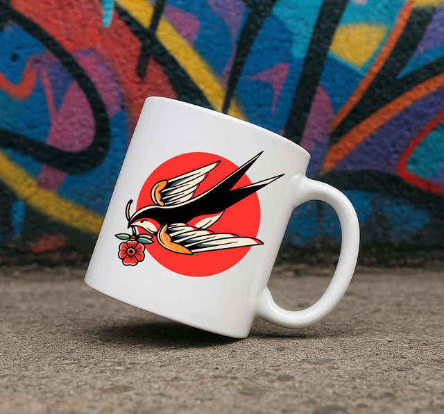 Traditional Tattoo Style Swallow 11oz Ceramic Printed Mug Design