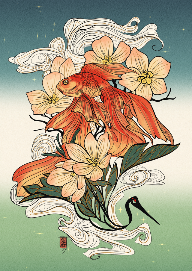 Goldfish, Crane, and Flowers