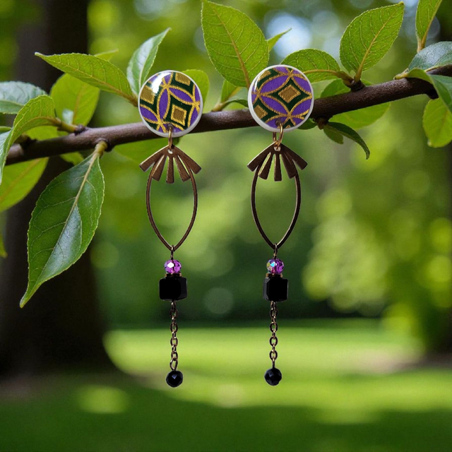 Boucles d'oreilles pendantes motifs japonais violet noir
