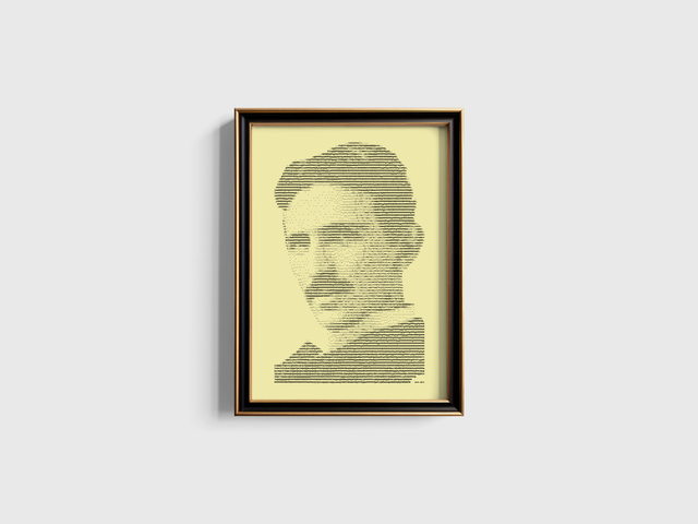 A3 Schreibmaschinen-Porträt Nikola Tesla in Schwarz auf Elfenbein