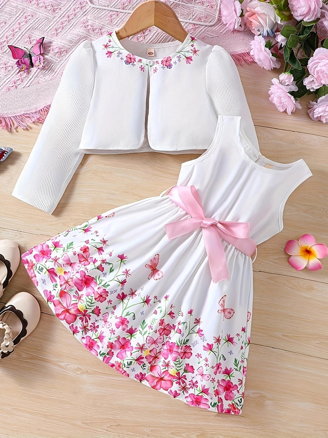 Girls 2pcs set of elegant and charming floral butterfly print