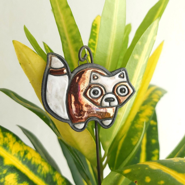 Raku Ceramic Raccoon Plant Stake: Garden Decor