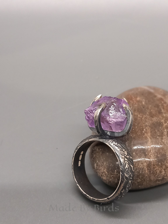 Raw Amethyst Claw Set Brutalist Style Sterling Silver Ring