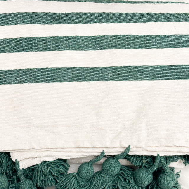 Plaid tissé main à rayure blanc et vert 