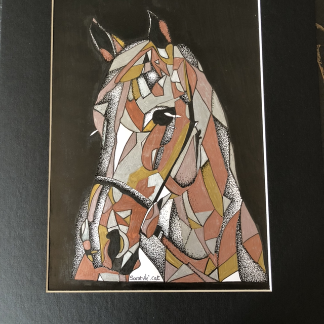 Cheval rose &amp; gris - 30 x 40 cm - encadrement noir