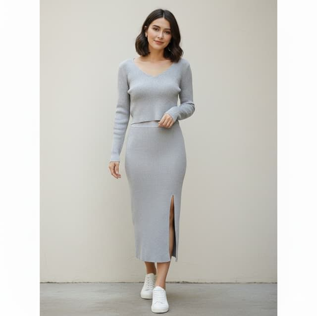 Ensemble Maille Côtelée Premium - Top Crop Col V &amp; Jupe Midi Fendue