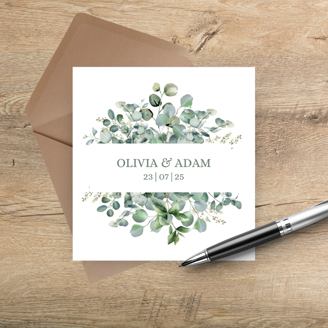 Sage green eucalyptus leaves - square, tri-fold Wedding invitations - including guest information &amp; RSVP