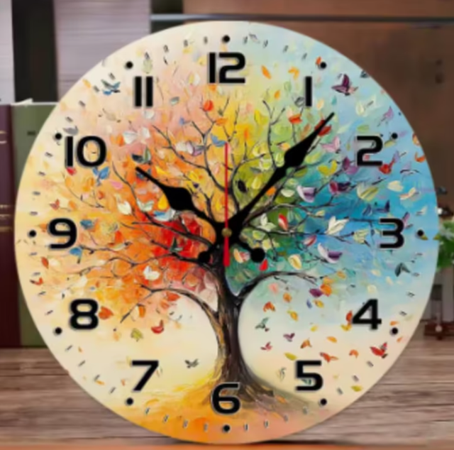 Ronde wandklok van hout analoge Kleurige Boom (25cm)