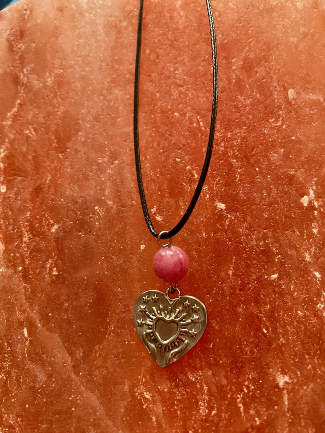 Pendentif Coeur en Inox &amp; Quartz Fraise sur cordon
