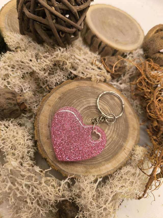 Porte clés coeur rose pailletté 