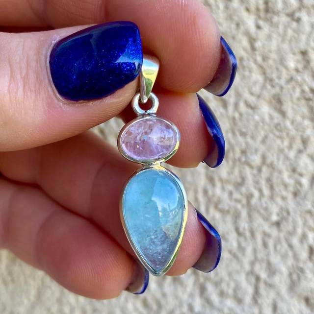 Pendentif en argent et deux béryls : Aigue Marine et Kunzite