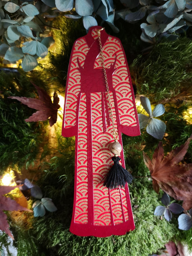 Marque-pages - kimono - vagues - papier - washi - perle - pompon - La&amp;Titia