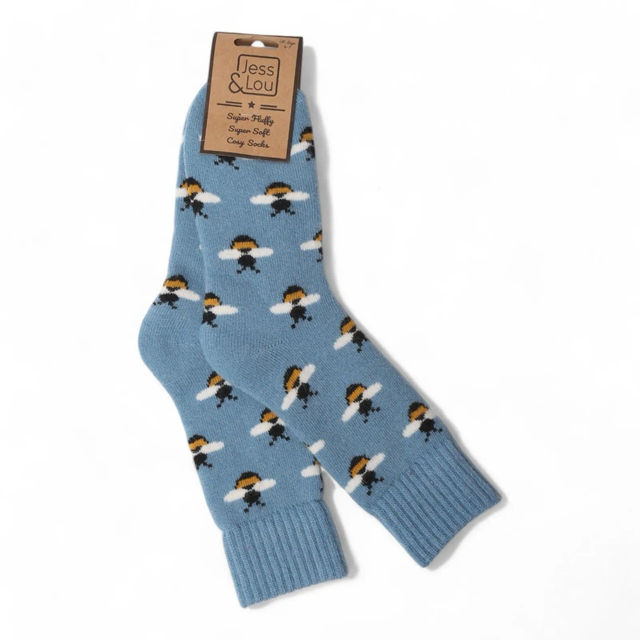 Blue Ribbed Socks With Bees