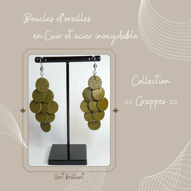 Boucles d&#039;oreilles Grappe en cuir - Vert brillant