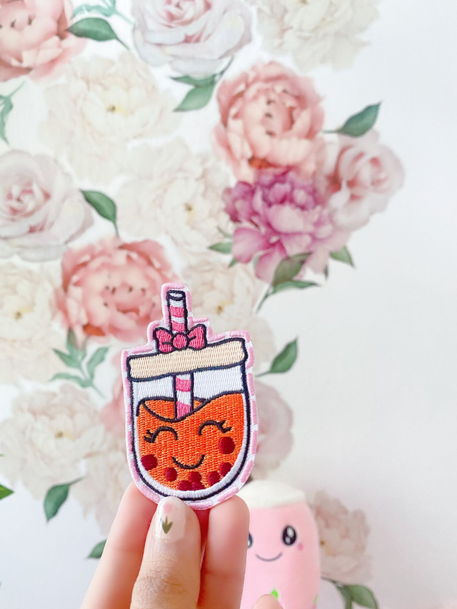 Pink bubble tea iron on patch 