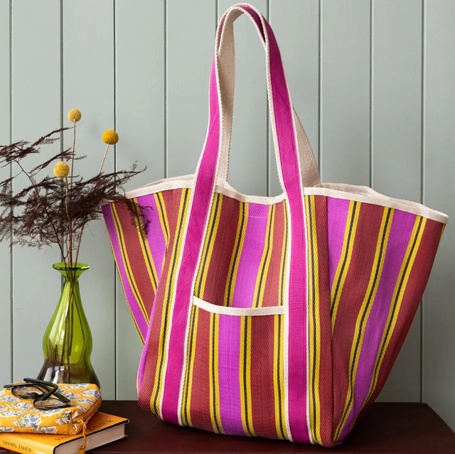 Recycled woven tote bag with canvas handles - Yellow, pink, red