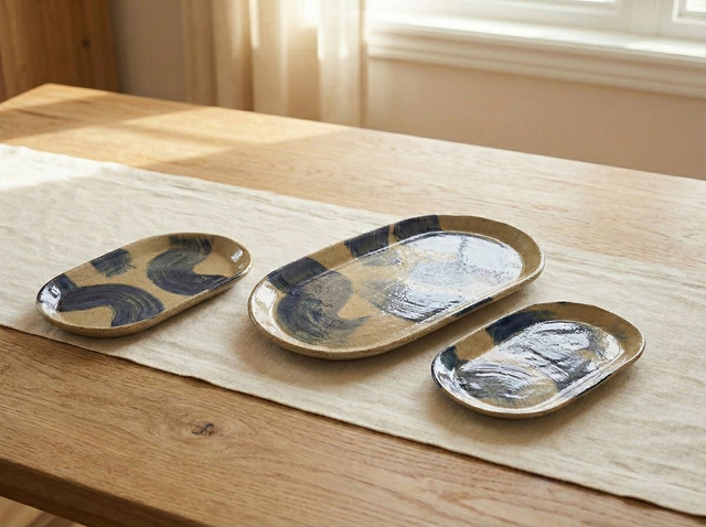 Indigo Brushstroke Oval Trays (Set of 3)