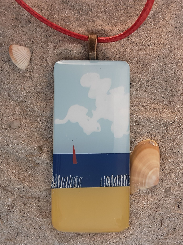 Pendentif grand rectangle angle arrondi collection Maritime ciel bleu avec nuage mer et sable voile de bateau