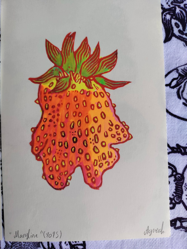 impression linogravure fraises étranges "fraise debout " impression et feutre 10X14.5 cm