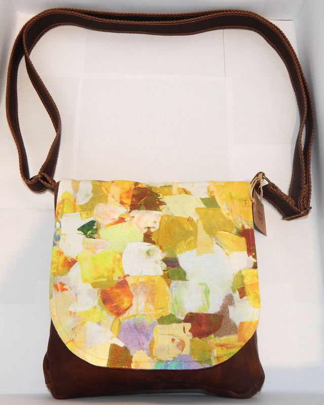 Brown Leather Shoulder Bag with Block Printed Fabric