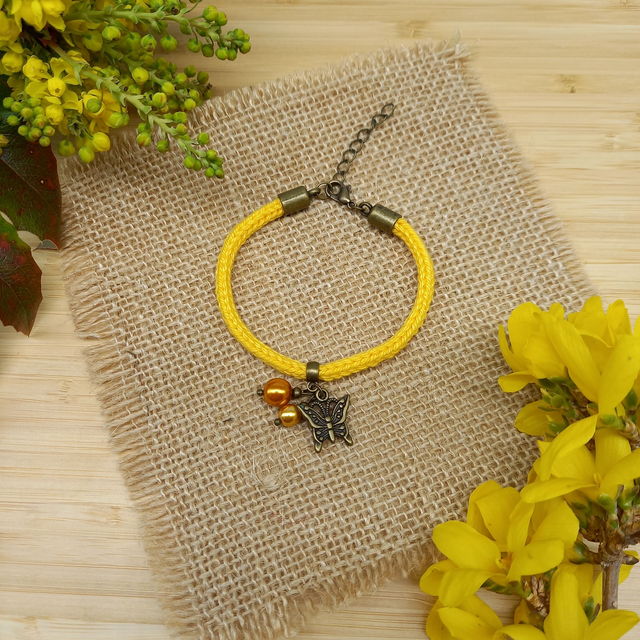 Parure jaune et bronze - Bracelet tricoté jaune